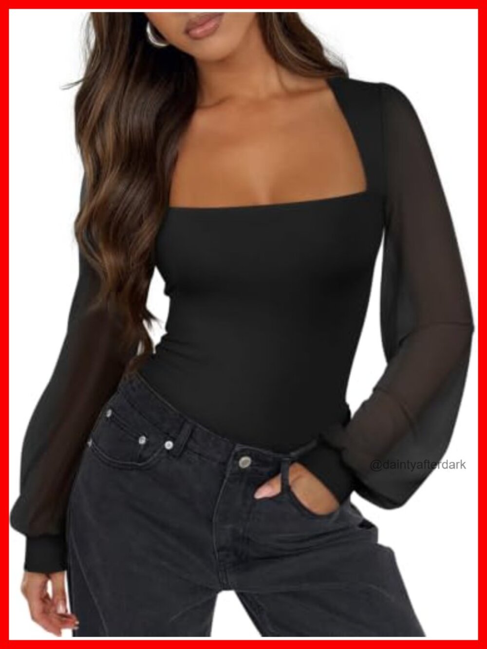 Women Square Neck Double Lined Mesh Puff Sleeve Long Sleeve Bodysuit Top